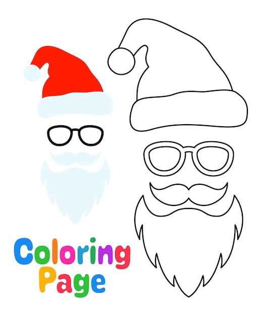 Coloring page with beard with christmas hat and glasses for kids