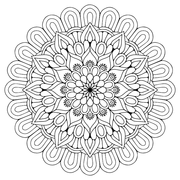 Coloring page with black and white round mandala with floral pattern with flower in center