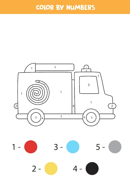 만화 소방차와 색칠 페이지입니다. 숫자로 색상 지정. 아이들을위한 수학 게임.