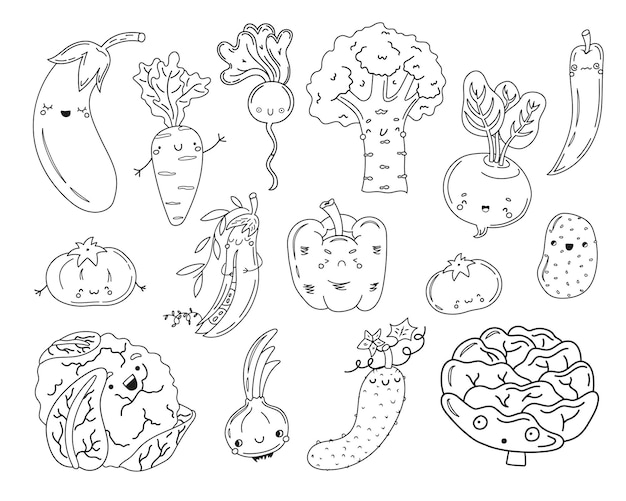 Страница раскраски с мультяшными рисованными овощами со смешными лицами Набор забавных овощей