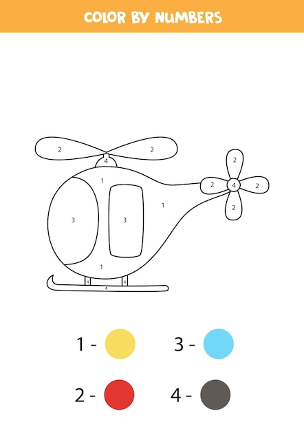 Coloring page with cartoon helicopter. Color by numbers. Math game for kids.