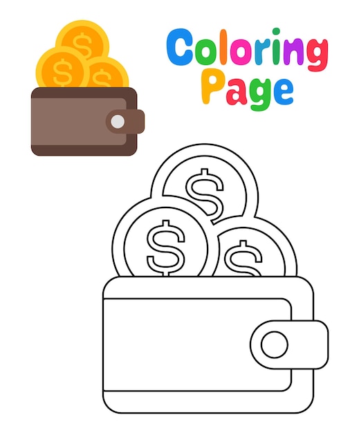 Coloring page with cash wallet for kids