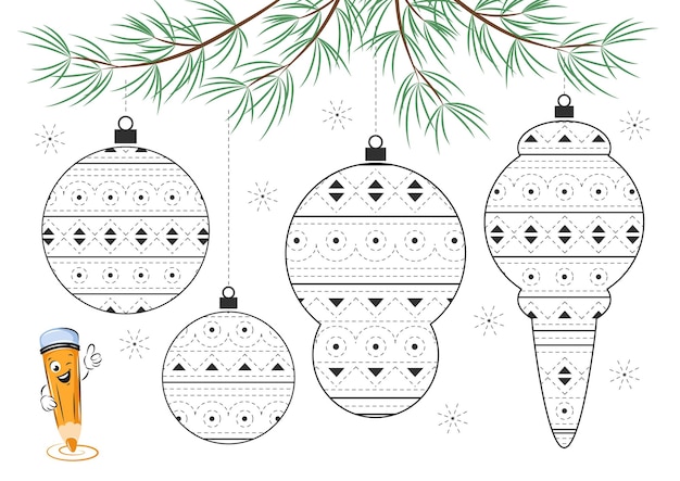 Vector coloring page with christmas decorations for kids tracing and color worksheet for practicing motor