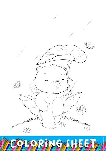 Coloring page with cute bear cartoon for kids