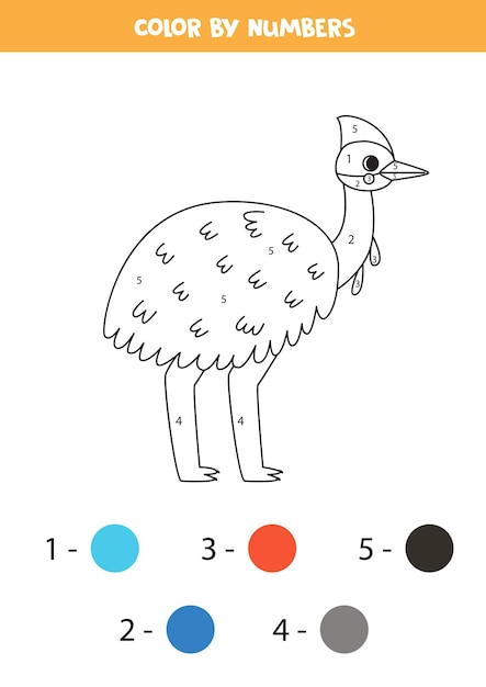 Coloring page with cute cartoon cassowary Color by numbers Math game for kids