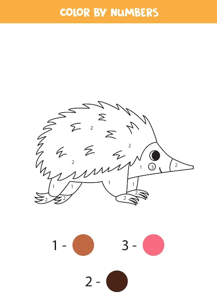 벡터 귀여운 만화 바늘두더지가 있는 색칠 페이지 숫자별 색상 어린이를 위한 수학 게임