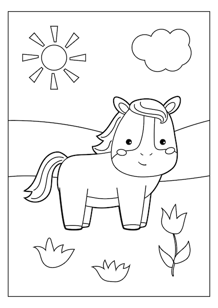 Pagina da colorare con cavallo simpatico cartone animato