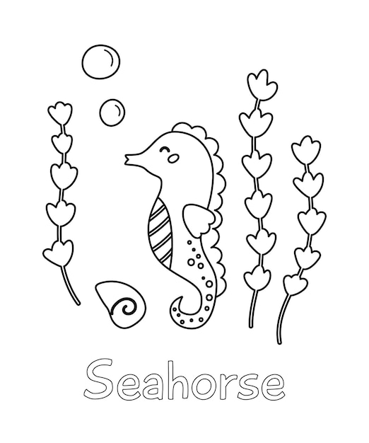 Coloring page with cute cartoon seahorse Learn sea animals English words vocabulary Ocean seaweeds Underwater life Vector illustration