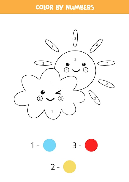 Coloring page with cute cloud and sun. Color by numbers. Math game for kids.