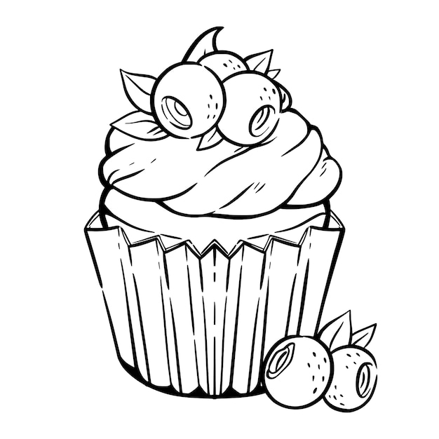 Coloring page with cute cupcake, cream, blueberry, leaves. Muffin with berries in kawaii style. 