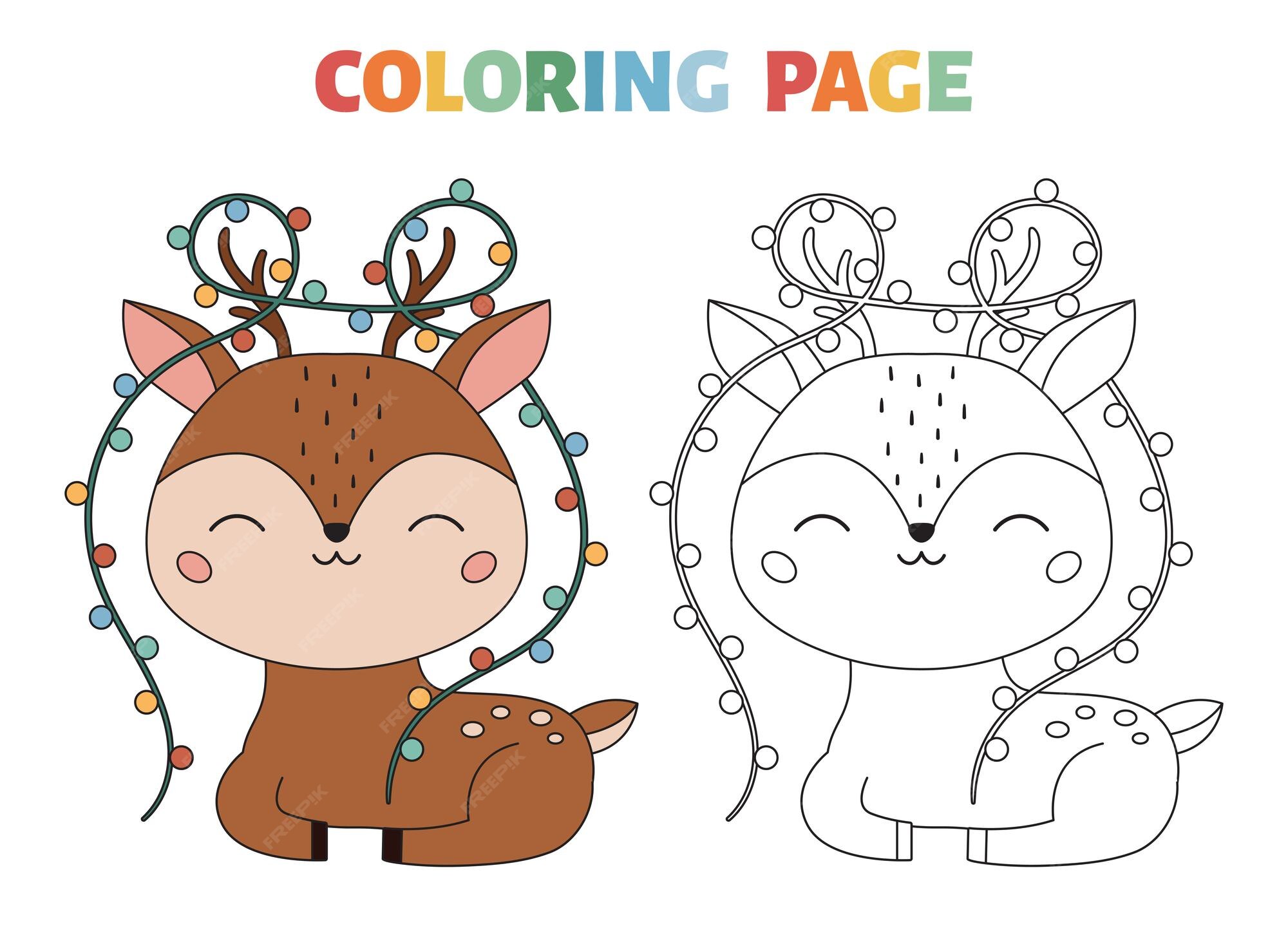 Premium Vector | Coloring page with cute deer and christmas lights