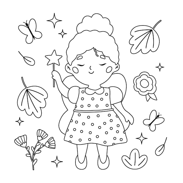 Coloring page with cute fairy