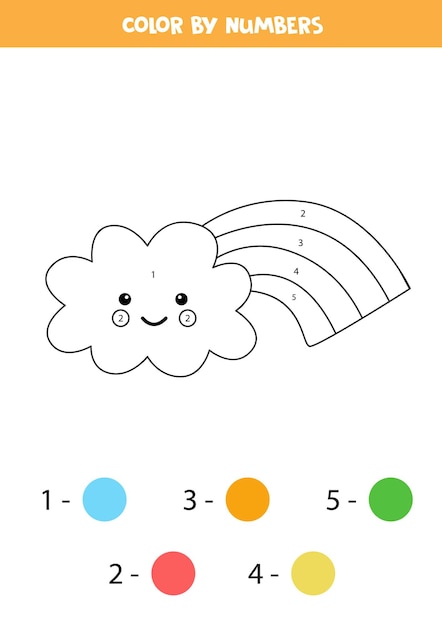 Coloring page with cute kawaii cloud with rainbow. Color by numbers. Math game for kids.