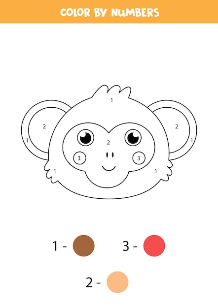 Coloring page with cute monkey face. color by numbers. math game for kids.