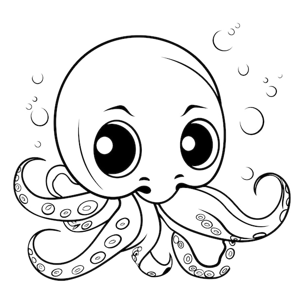 Vector coloring page with cute octopus black and white vector illustration