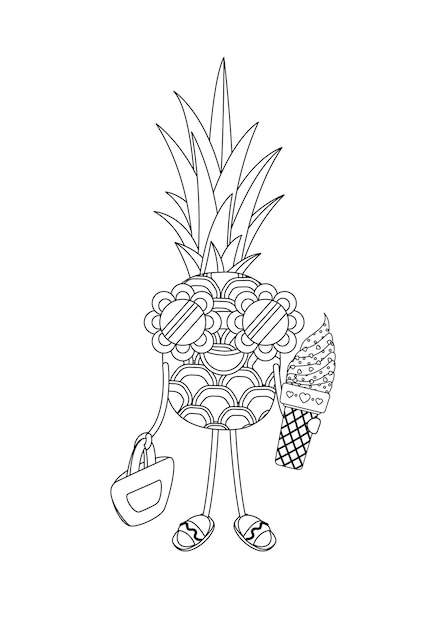 Coloring page with cute pineapple character with ice cream and sunglasses Outline vector