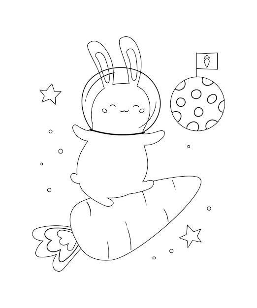 Coloring page with cute rabbit on carrot spaceship