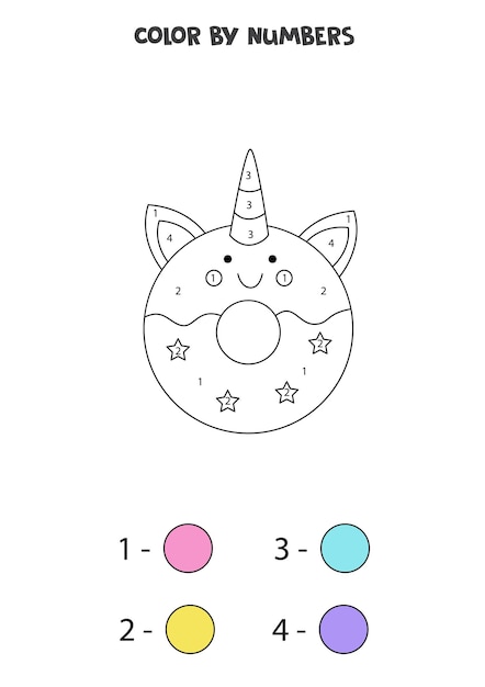 Pagina da colorare con ciambella di unicorno carino. colore in base ai numeri. gioco di matematica per bambini.