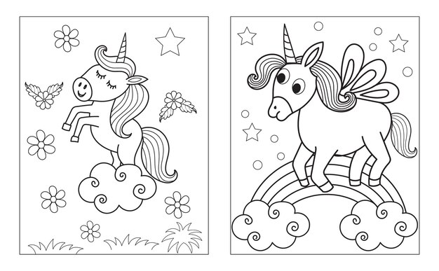 Coloring page with cute unicorn Vector black and white image for children Cool unicorns