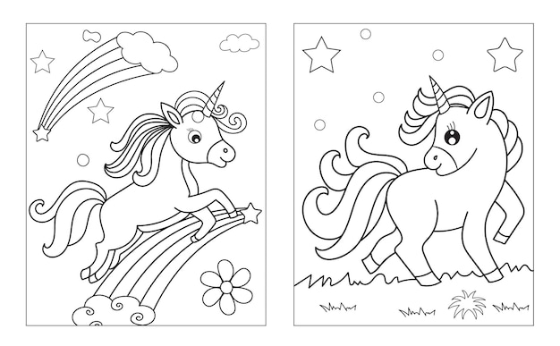 Coloring page with cute unicorn Vector black and white image for children Cool unicorns