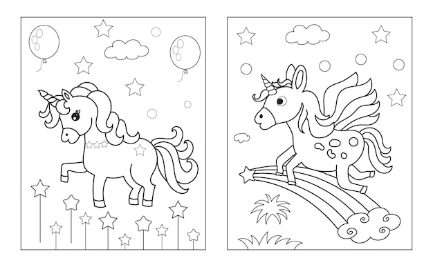 Coloring page with cute unicorn Vector black and white image for children Cool unicorns