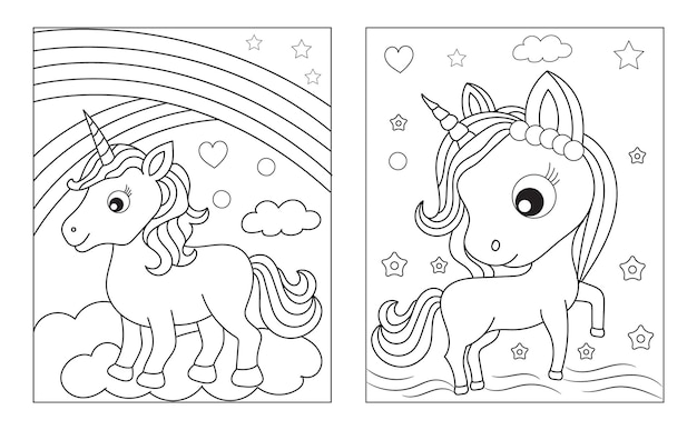 Vettore pagina da colorare con unicorno carino immagine vettoriale in bianco e nero per bambini unicorni fantastici