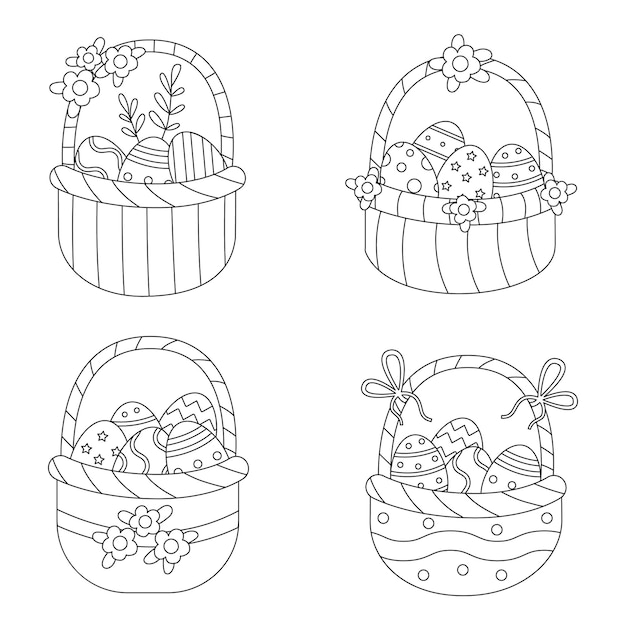 Coloring page with Easter baskets. Set of black and white baskets full of eggs.