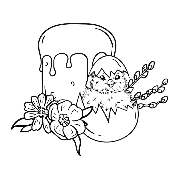 Pagina da colorare con torta di pasqua fiori di pulcino neonato e rami di salice illustra in bianco e nero