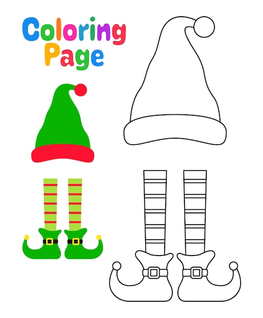 Pagina da colorare con cappello da elfo e scarpe per bambini
