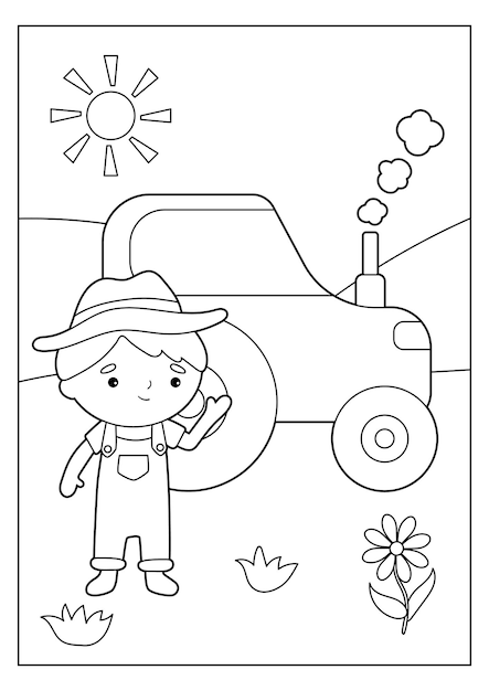 Coloring page with farmer and tractor