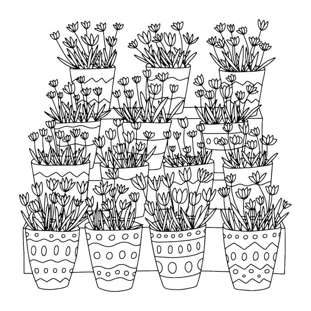 Раскраска с цветочным магазином Много корзин с тюльпанами Раскраска для детей и взрослых