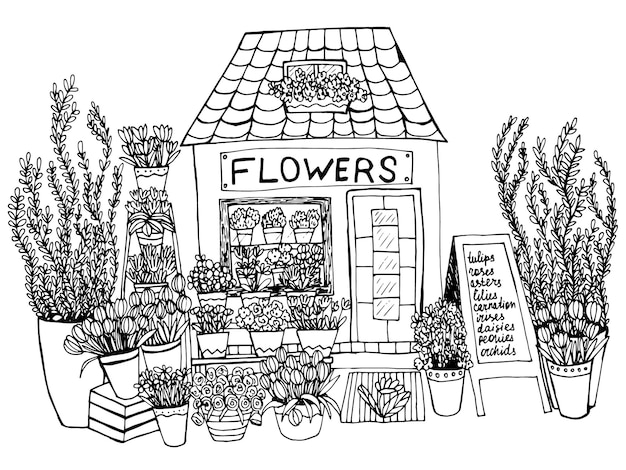 Vector coloring page with flower shop vector floral market with plants tulips and roseshand drawn illustration