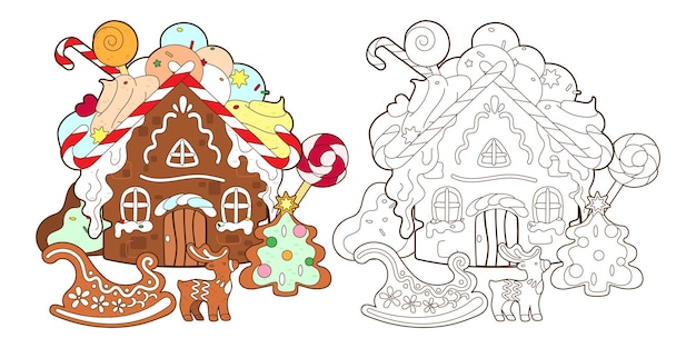 Pagina da colorare con casa di pan di zenzero, caramelle di natale e albero di pan di zenzero di capodanno, vettore, illustrazione in stile cartone animato, linea arte in bianco e nero per bambini