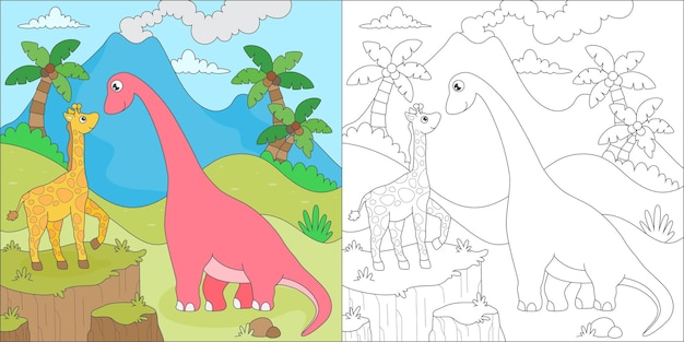 Vector coloring page with giraffe and dino