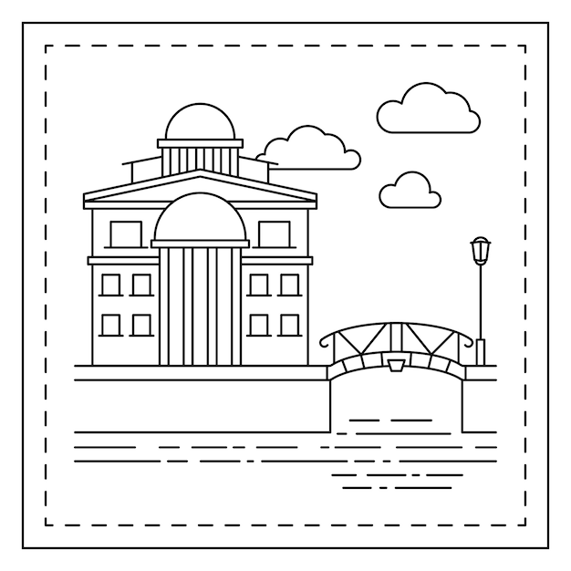 Coloring page with house and bridge