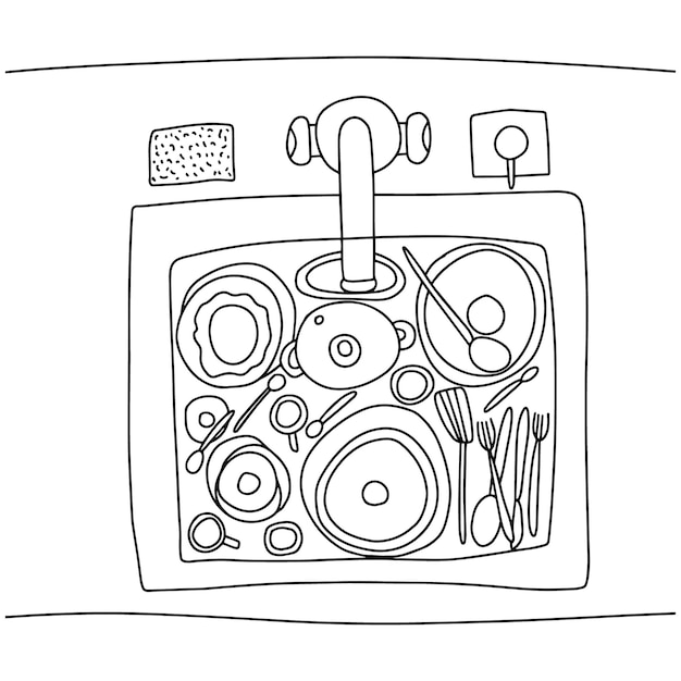 Coloring page with kitchen sink and dirty dishes top view Vector hand drawn sink with dirty dish coloring page for children and adults