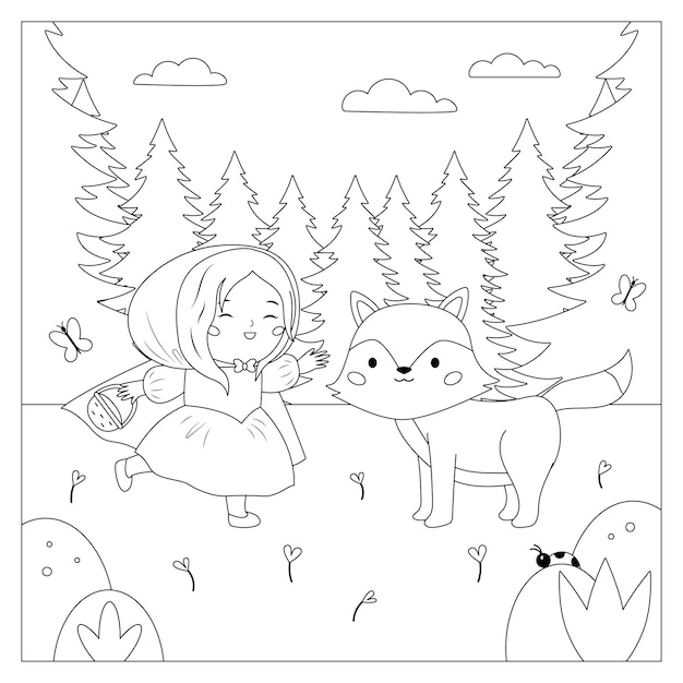 Coloring page with little red riding hood and wolf