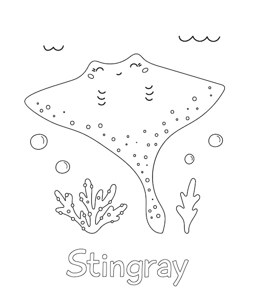 Coloring page with ocean animal Cute cartoon kawaii stingray Hand drawn doodle corals Learn english vocabulary for children Vector illustration