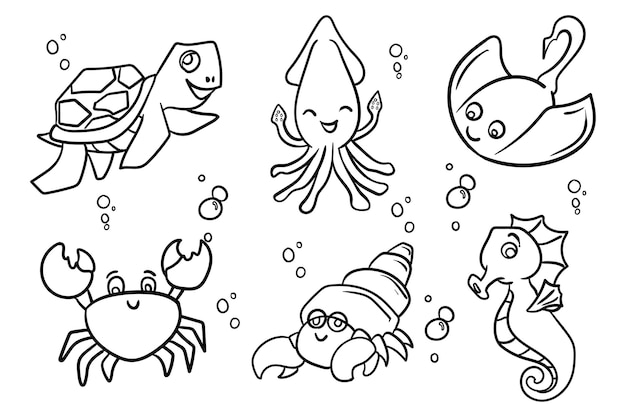 Coloring page with sea animals cute cartoon characters set set of isolated line hand drawn fish