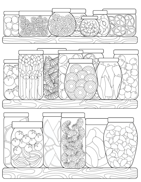 Coloring Page With Shelves Full With Fruits And Vegetables In Jars Sheet To Be Colored With Pots Filled In With Foodstuffs Sliced Food In Big Glass Cups