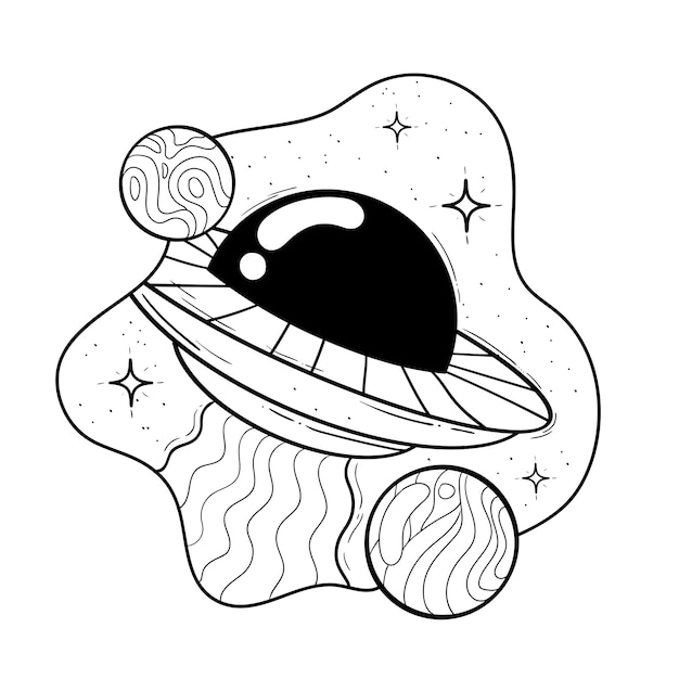 Coloring page with spaceship flying in space