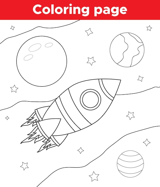 Coloring page with spaceship and planets