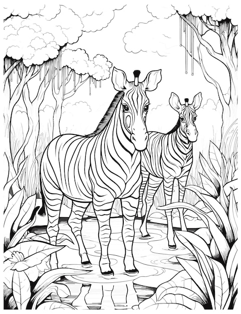 a coloring page with two zebras in the jungle