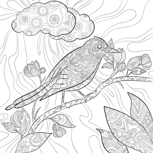 Vector coloring pages bird wild flying animal in sitting on branch vector nature floral pattern line illustrations wildlife bird nature drawing sit on branch tree