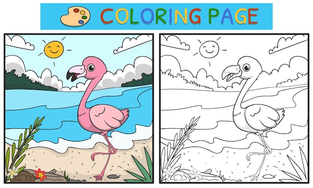 Disegni da colorare o libri per bambini illustrazione di fenicottero carino sul fiume