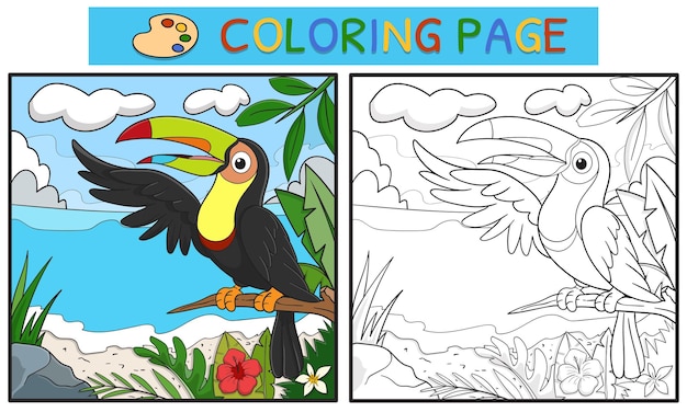 Disegni da colorare o libri per bambini carino tucano illustrazione sullo sfondo della spiaggia