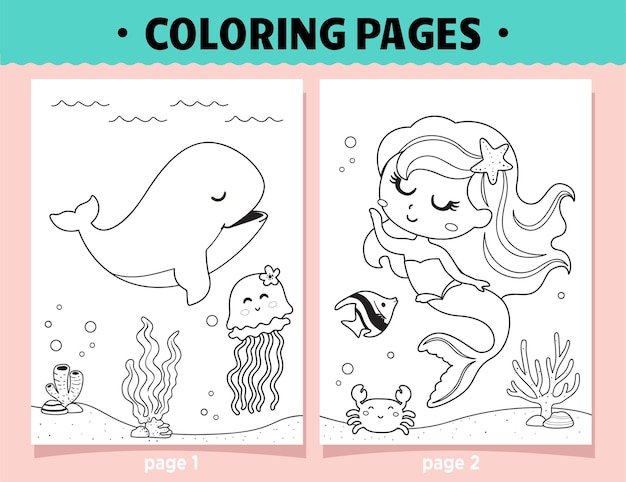 Pagine da colorare sirena e balena dei cartoni animati