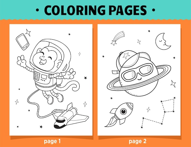 Pagine da colorare cartone animato scimmia e luna nello spazio