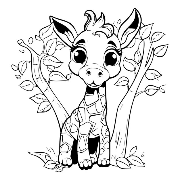 Coloring pages for children Cute cartoon giraffe in the jungle