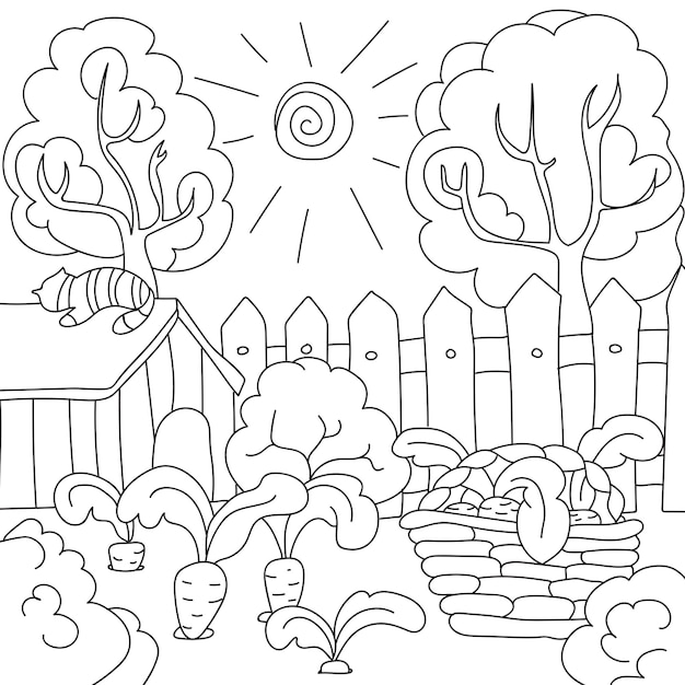 Coloring pages for children, vector coloring book carrots in the garden